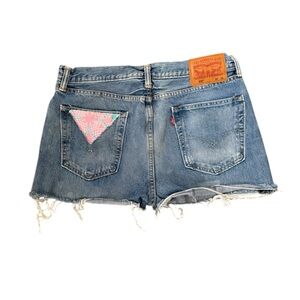 Levi's Women's Distressed Blue Jean Shorts with Hawaiian Quilt Patch